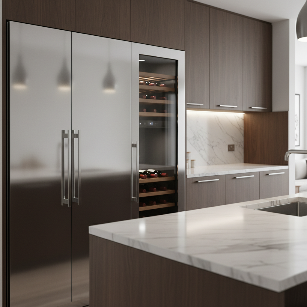 High-end built-in refrigerator and wine cooler in a luxury kitchen