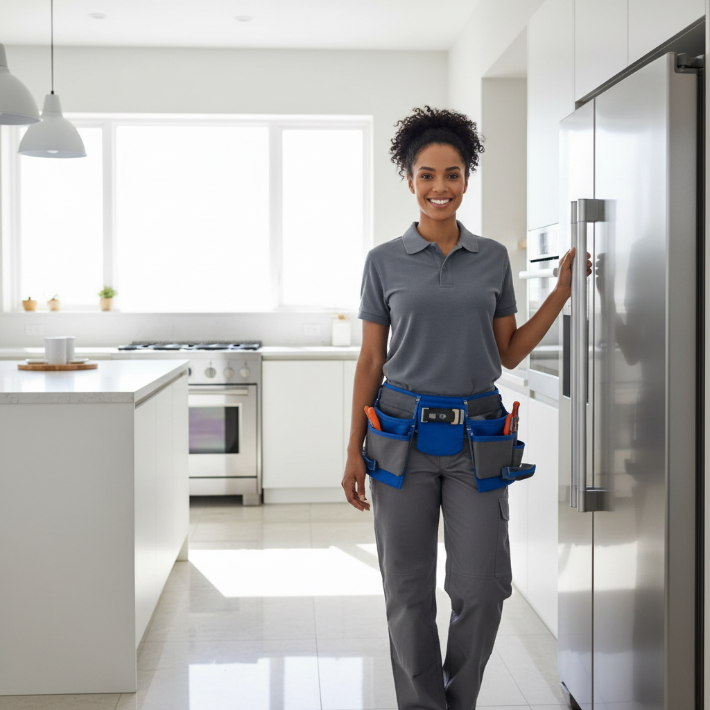 Smiling appliance repair technician in a modern Los Gatos kitchen
