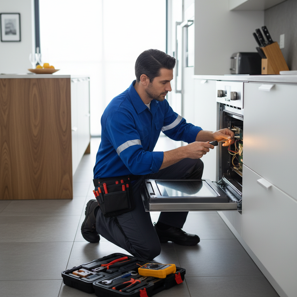 Appliance technician repairing a built-in appliance in a premium kitchen